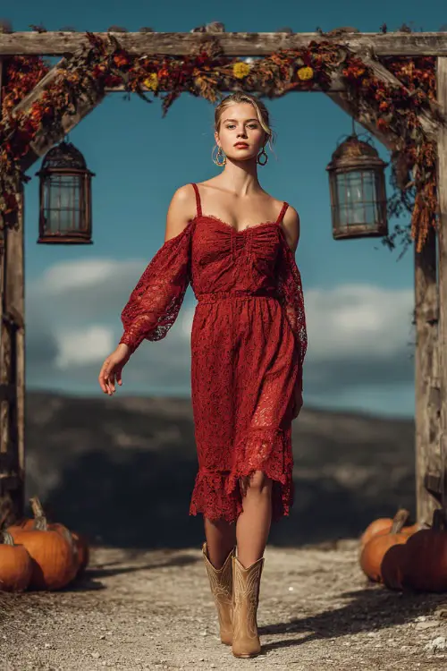 A woman wears a ruby red lace midi dress with scalloped hem, styled with tan cowboy boots and hoop earrings, standing beneath a rustic wooden arch lit with lanterns and autumn garlands 