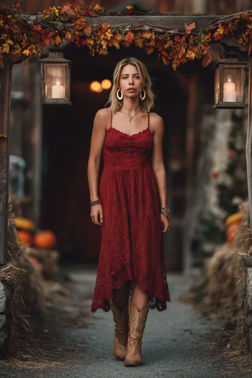A woman wears a ruby red lace midi dress with scalloped hem, styled with tan cowboy boots and hoop earrings, standing beneath a rustic wooden arch lit with lanterns and autumn garlands
