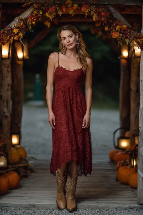 A woman wears a ruby red lace midi dress with scalloped hem, styled with tan cowboy boots and hoop earrings