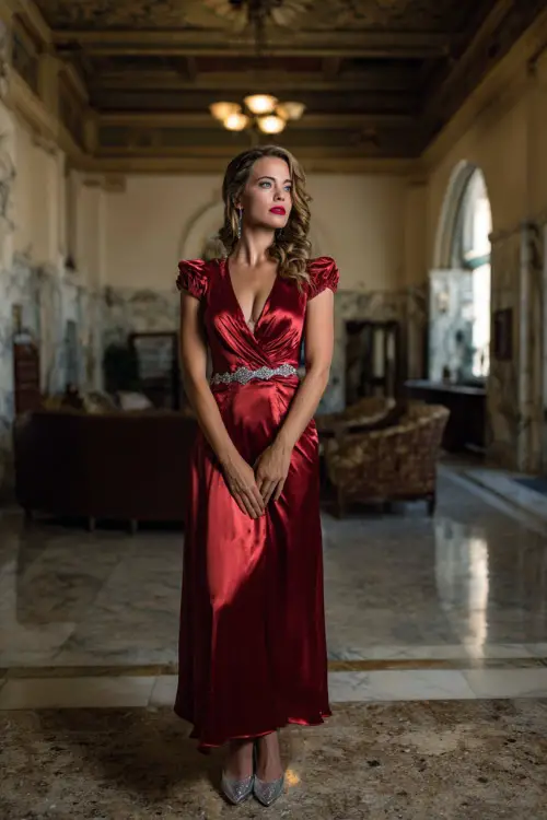 A woman wears a ruby red satin gown with cap sleeves, beaded belt, and silver heels at a grand heritage hall wedding 