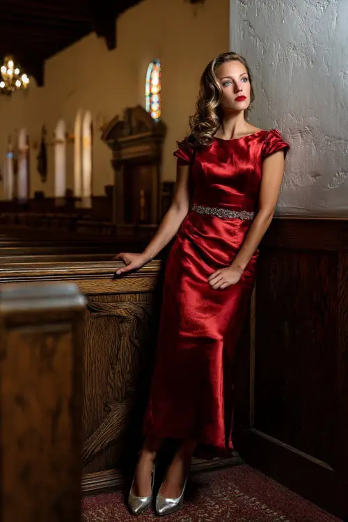 A woman wears a ruby red satin gown with cap sleeves, beaded belt, and silver heels at a grand heritage hall wedding