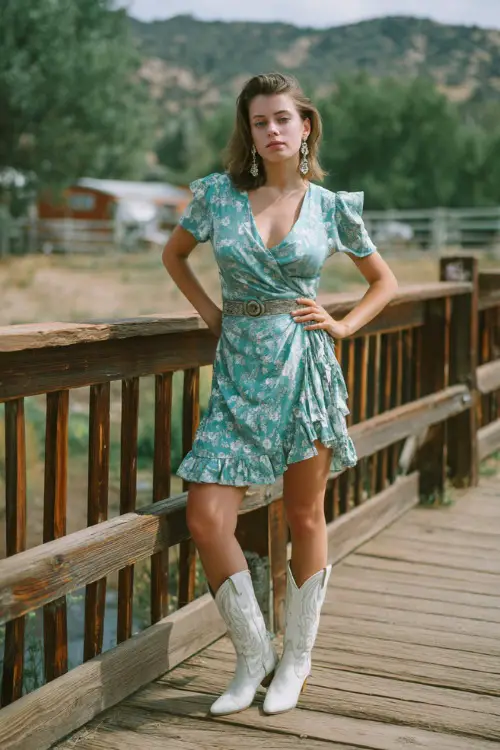 A woman wears a teal floral print wrap dress with ruffled skirt, styled with white cowboy boots and silver earrings, standing on a wooden bridge in a countryside wedding venue 