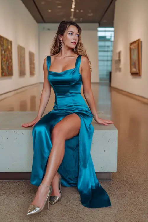 A woman wears a teal satin gown with a square neckline, high slit, and metallic heels at a modern art museum wedding 