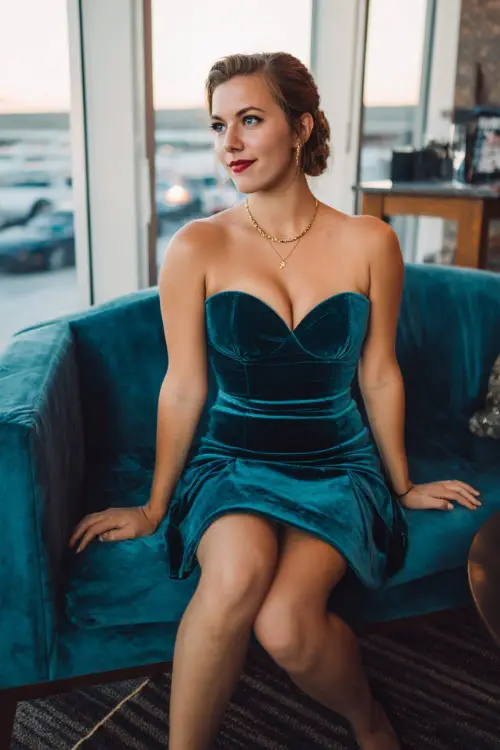 A woman wears a teal velvet sweetheart-neckline midi cocktail dress, black heels, and a delicate gold necklace at a formal indoor reception