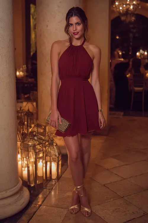 A woman wears a wine red halter-neck cocktail dress, gold ankle-strap heels, and a clutch bag at a candlelit ballroom reception 