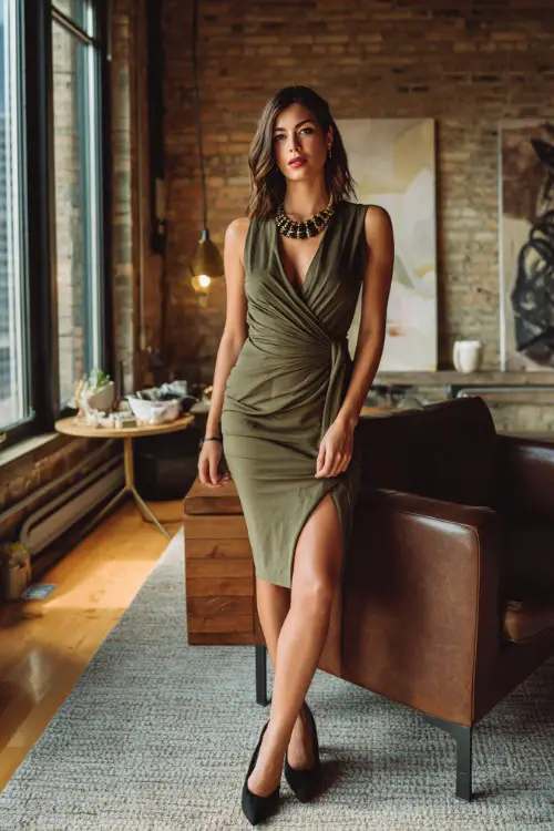 A woman wears an olive green midi wrap cocktail dress, black pointed-toe pumps, and a statement necklace at a modern loft wedding 