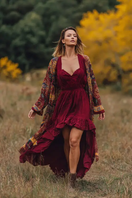 Bohemian woman in a burgundy flowy dress with a ruffled hem and long kimono cardigan, walking through a meadow with golden trees around her 