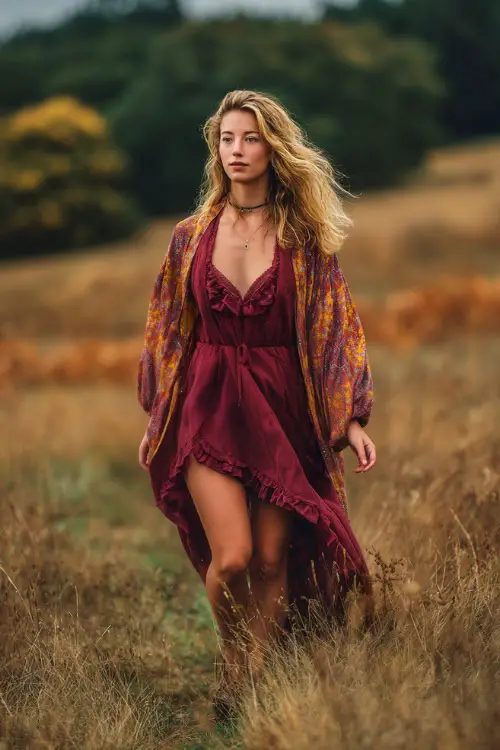 Bohemian woman in a burgundy flowy dress with a ruffled hem and long kimono cardigan, walking through a meadow with golden trees around her