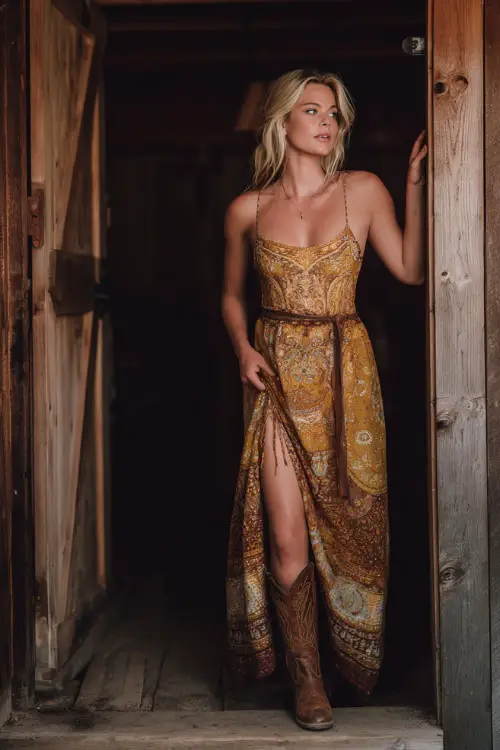 Boho woman in a golden maxi dress with intricate patterns and tan boots, standing in a candlelit barn doorway at a moody fall wedding, full body