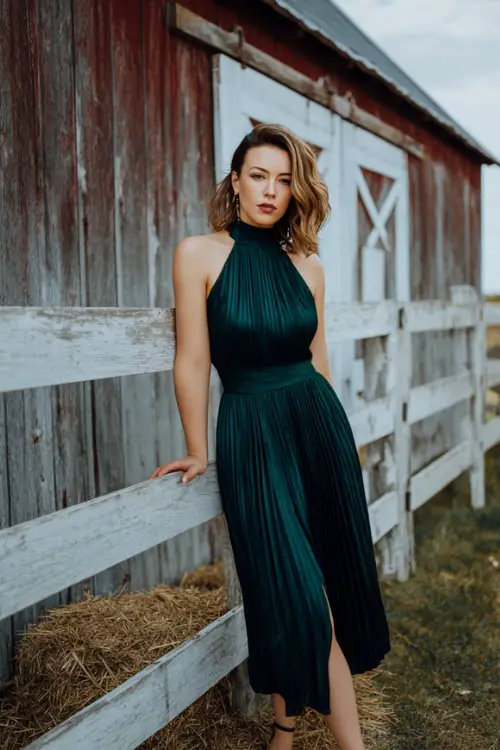 Elegant woman in a dark emerald green pleated midi dress with a high neckline and heeled sandals, posing near a barn decorated for a fall wedding 