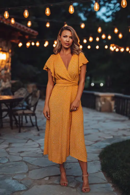 Fashionable woman in a marigold fit-and-flare midi dress with short flutter sleeves and open-toe heels, standing under string lights at a backyard October wedding 