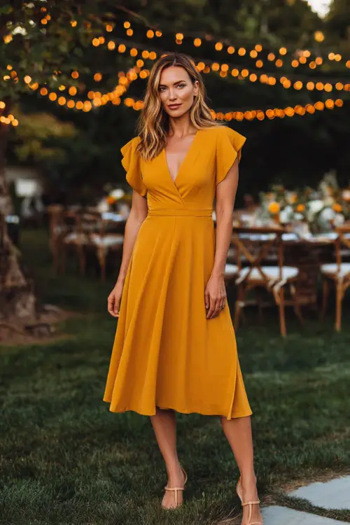 Fashionable woman in a marigold fit-and-flare midi dress with short flutter sleeves and open-toe heels, standing under string lights at a backyard October wedding 