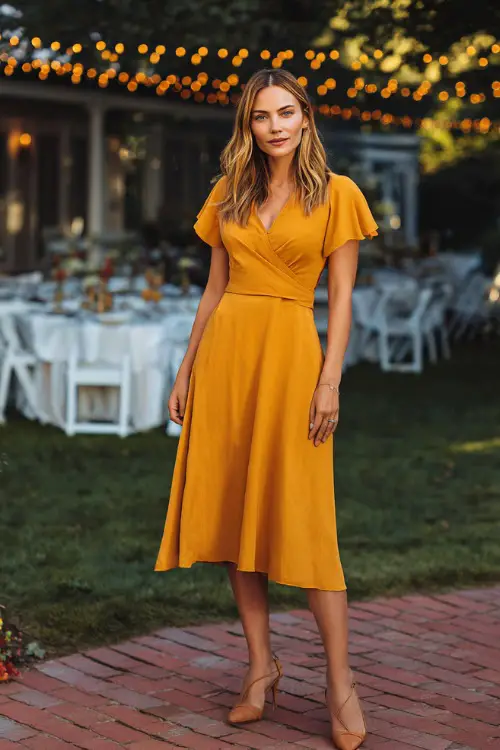 Fashionable woman in a marigold fit-and-flare midi dress with short flutter sleeves and open-toe heels, standing under string lights at a backyard October wedding