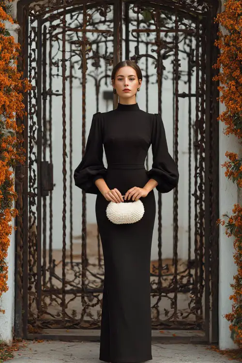 Lady in a classic black gown with a fitted silhouette and bell sleeves, holding a white floral clutch, standing in front of elegant wrought iron gates with orange leaves around
