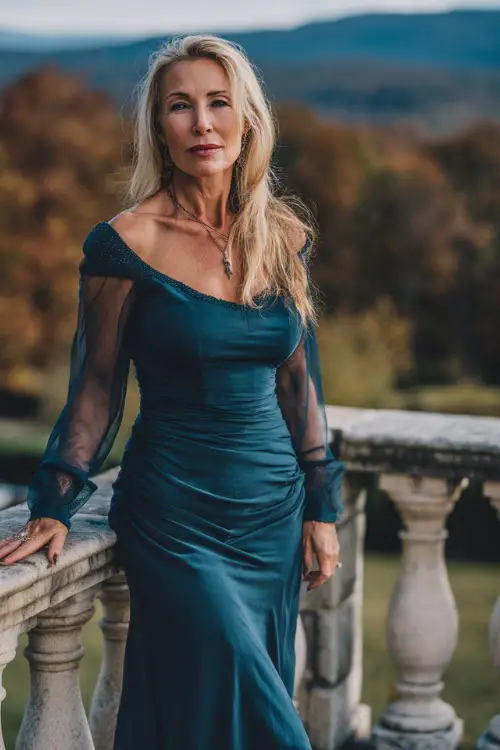 Mature woman in a dark teal mermaid gown with sheer sleeves and subtle beading, posing on a terrace with sweeping views of October trees