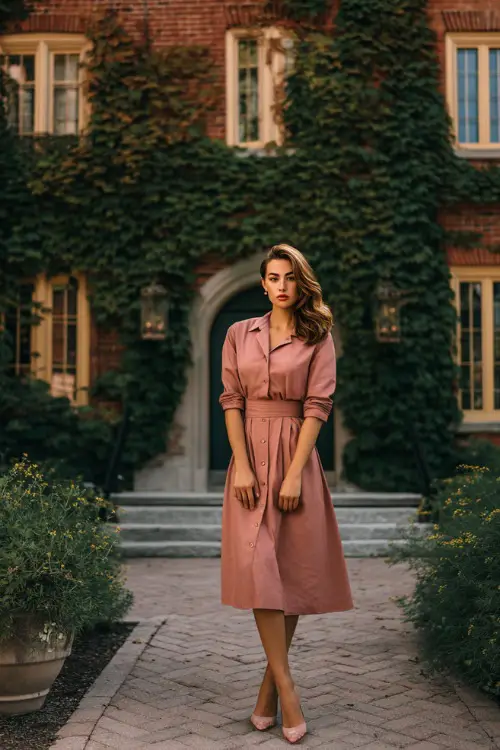 Mature woman in a dusty rose button-down midi dress with a classic collar and heels, standing in front of a brick wedding venue covered in ivy, full body