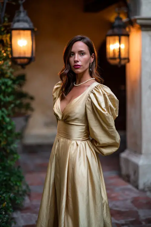 Mature woman in a golden satin gown with puff shoulders and pearl accessories, standing under warm lanterns in a courtyard during twilight, full body