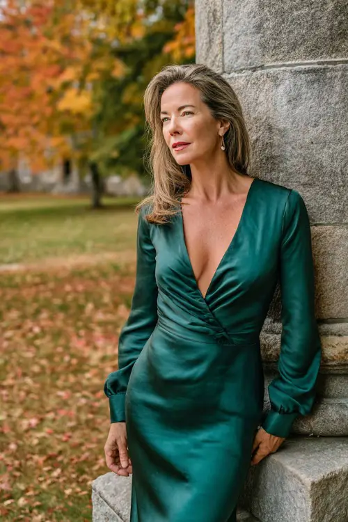 Mature woman in an emerald green formal dress with long sleeves, a deep V-neckline, and satin finish, standing beside a stone column with fall leaves around