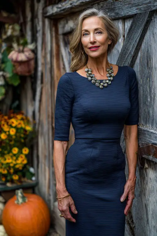 Mature woman wearing a structured navy sheath dress with three-quarter sleeves and statement necklace, posing beside rustic wooden doors with pumpkins and fall florals