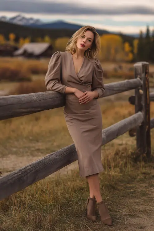 Sophisticated woman in a taupe midi dress with puff sleeves and suede heels, leaning on a wooden fence with fall scenery behind her, full body
