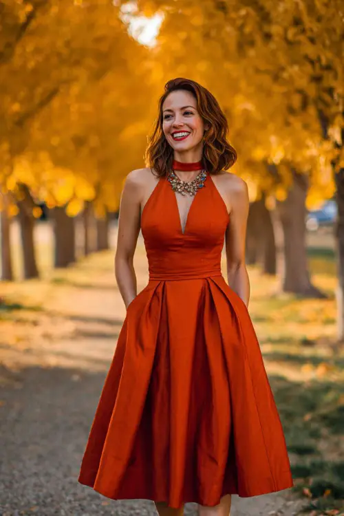 Stylish woman in a red-orange midi dress with pleated skirt and statement necklace, smiling under a canopy of golden maple trees at a formal fall wedding 