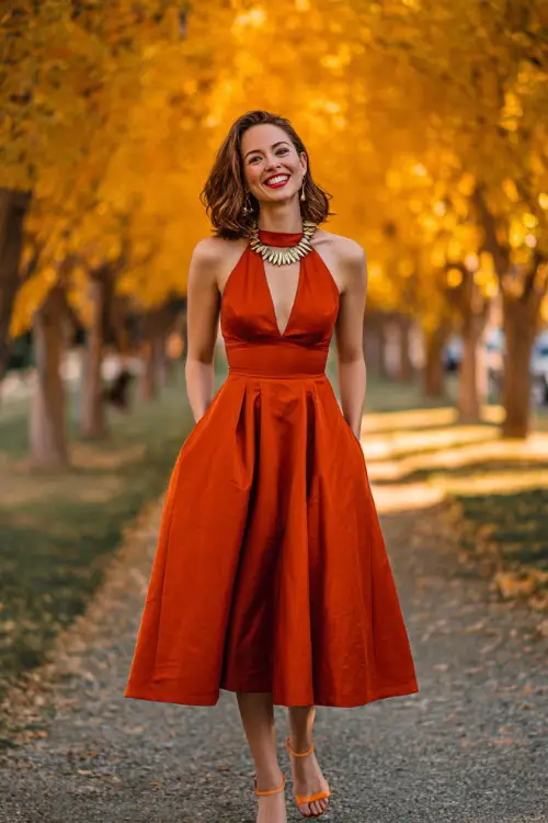 Stylish woman in a red-orange midi dress with pleated skirt and statement necklace, smiling under a canopy of golden maple trees at a formal fall wedding 