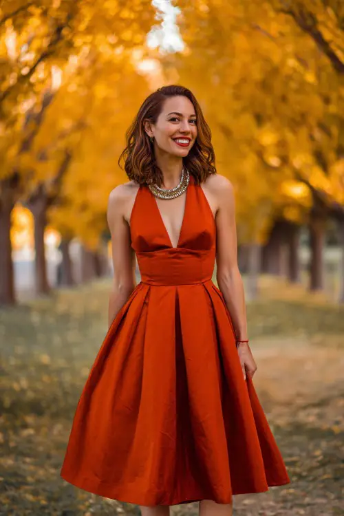 Stylish woman in a red-orange midi dress with pleated skirt and statement necklace, smiling under a canopy of golden maple trees at a formal fall wedding 