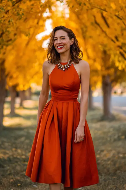Stylish woman in a red-orange midi dress with pleated skirt and statement necklace, smiling under a canopy of golden maple trees at a formal fall wedding 