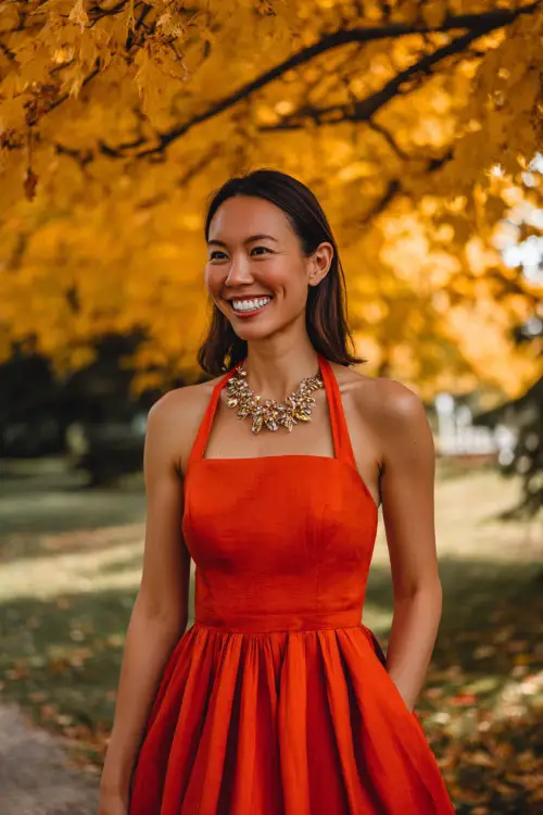 Stylish woman in a red-orange midi dress with pleated skirt and statement necklace, smiling under a canopy of golden maple trees at a formal fall wedding