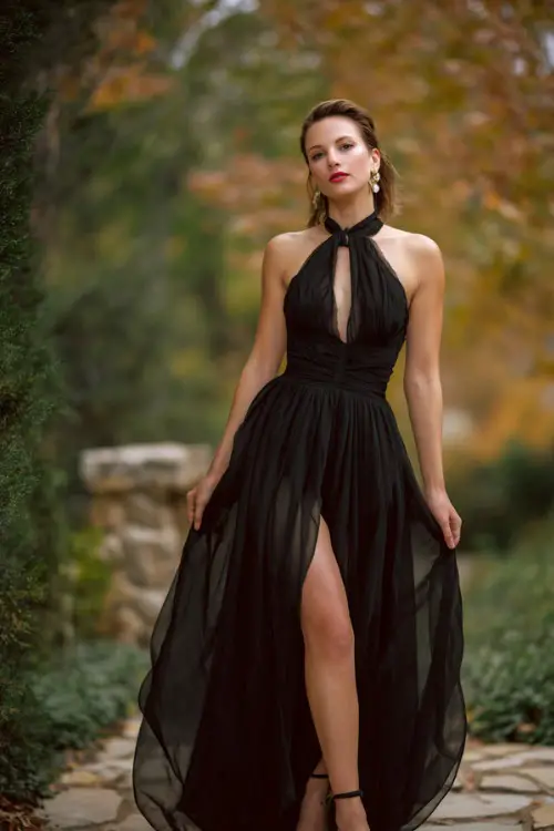 Woman in a black chiffon gown with a high halter neckline and flowy skirt, paired with subtle silver earrings and heeled sandals, posing outdoors in a garden with autumn trees 