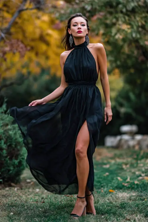 Woman in a black chiffon gown with a high halter neckline and flowy skirt, paired with subtle silver earrings and heeled sandals, posing outdoors in a garden with autumn trees 
