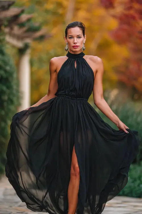 Woman in a black chiffon gown with a high halter neckline and flowy skirt, paired with subtle silver earrings and heeled sandals, posing outdoors in a garden with autumn trees