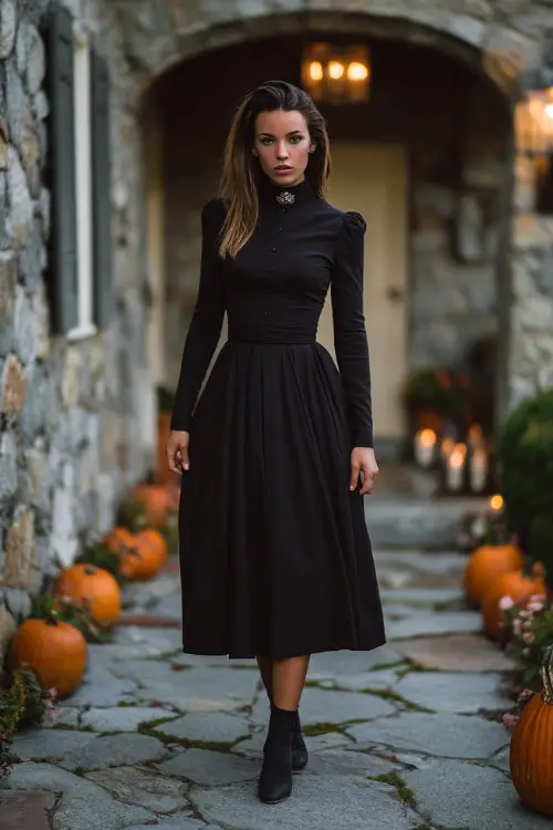 Woman in a black long-sleeve A-line dress with a high neckline and pleated skirt, accessorized with a statement brooch and ankle boots