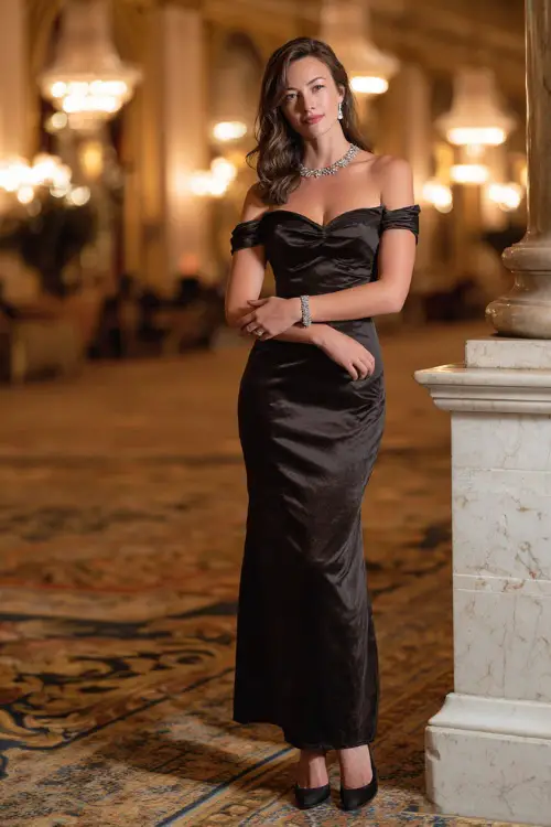 Woman in a black satin off-the-shoulder gown with a fitted bodice, accessorized with silver jewelry and black heels, standing in an elegant ballroom with golden light