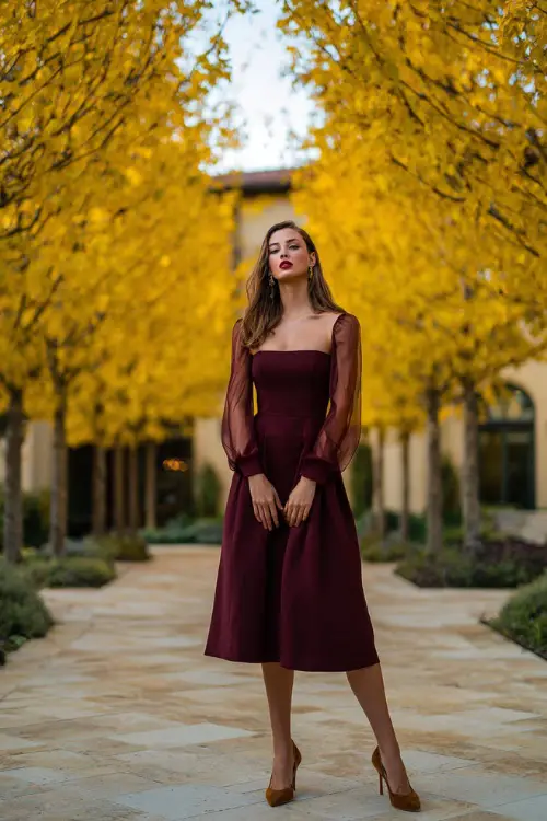 Woman in a burgundy A-line midi dress with square neckline and sheer long sleeves, paired with suede pumps, standing under golden trees at a fall wedding venue 