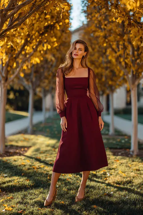 Woman in a burgundy A-line midi dress with square neckline and sheer long sleeves, paired with suede pumps, standing under golden trees at a fall wedding venue