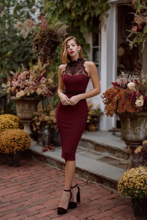 Woman in a burgundy midi sheath dress with lace detailing and black block heels, standing on a brick patio surrounded by fall floral arrangements