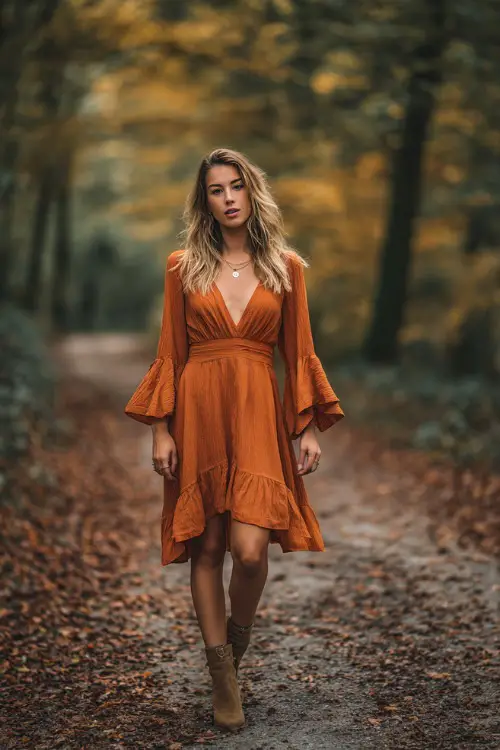 Woman in a burnt orange boho midi dress with flared sleeves and ankle boots, standing in a forest path surrounded by October leaves, full body 
