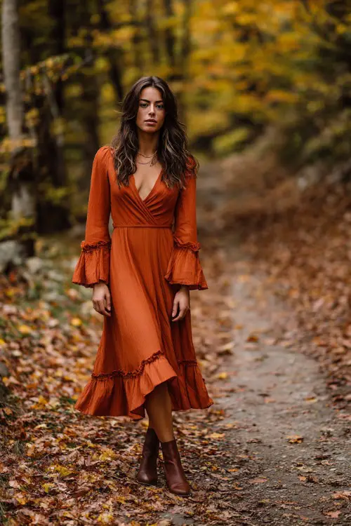 Woman in a burnt orange boho midi dress with flared sleeves and ankle boots, standing in a forest path surrounded by October leaves, full body 