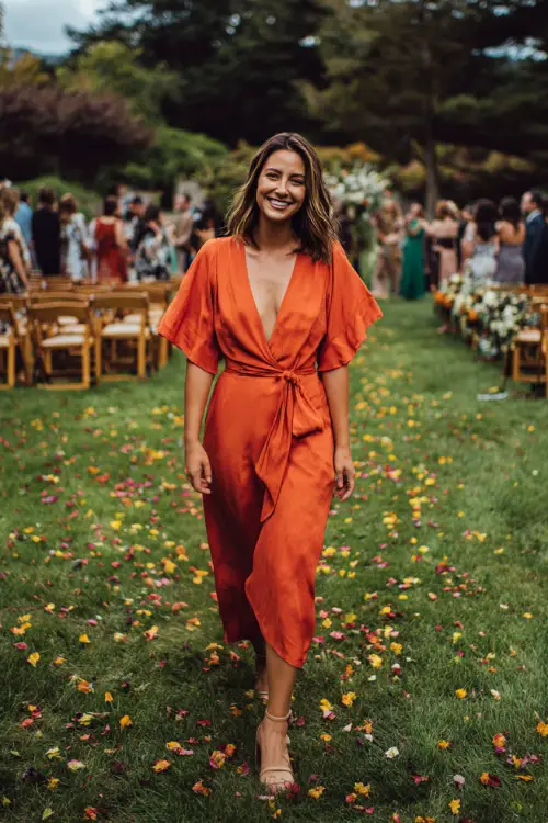 Woman in a burnt orange midi dress with flutter sleeves and a cinched waist, walking across a grassy outdoor ceremony space with colorful fallen leaves