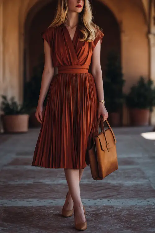 Woman in a burnt sienna midi dress with a pleated bodice and cap sleeves, paired with tan block heels and a leather handbag