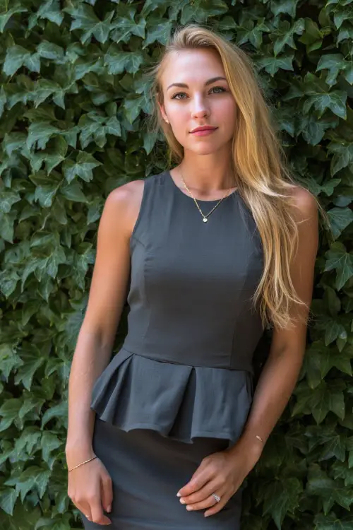 Woman in a charcoal gray sleeveless dress with a peplum waist and minimal jewelry, posing near an ivy-covered ceremony backdrop 