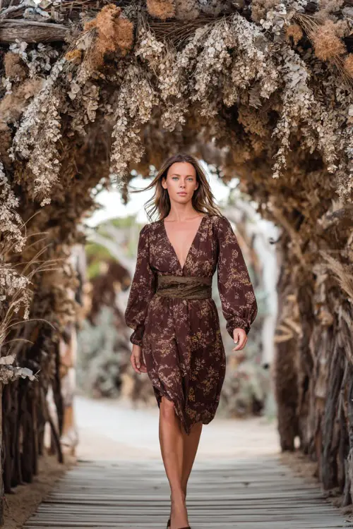 Woman in a chocolate brown floral midi dress with sheer sleeves and a statement belt, walking past a rustic wooden arch covered in dried eucalyptus 