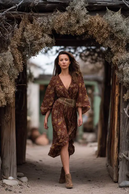 Woman in a chocolate brown floral midi dress with sheer sleeves and a statement belt, walking past a rustic wooden arch covered in dried eucalyptus