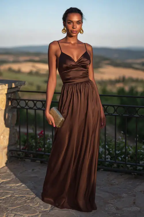Woman in a chocolate brown satin gown with thin straps and an A-line silhouette, styled with gold hoop earrings and a small metallic clutch