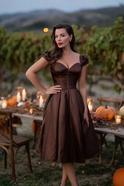 Woman in a chocolate brown satin midi dress with cap sleeves and a structured bodice, posing near a vineyard wedding ceremony setup with pumpkins and candlelit aisles 