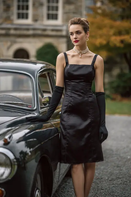 Woman in a classic black satin knee-length sheath dress with a square neckline, accessorized with long black gloves and a pearl choker 