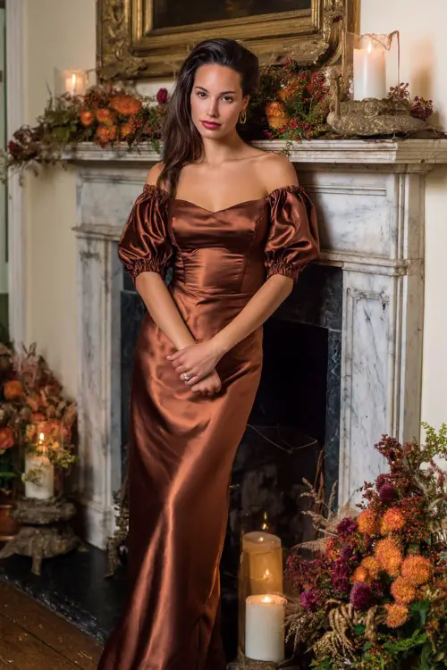 Woman in a copper satin gown with boat neckline and elbow-length sleeves, posing near a fireplace mantel adorned with fall florals and candles at an indoor formal wedding 