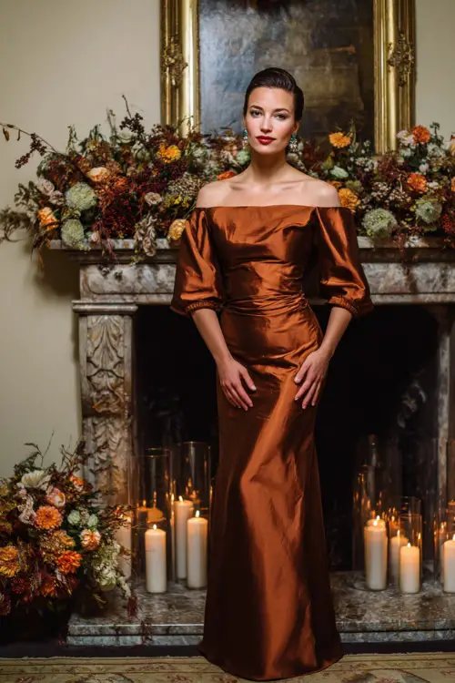Woman in a copper satin gown with boat neckline and elbow-length sleeves, posing near a fireplace mantel adorned with fall florals and candles at an indoor formal wedding