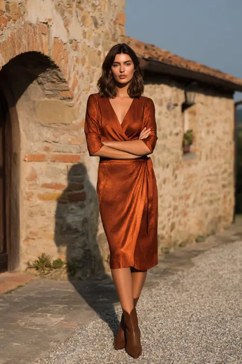 Woman in a copper satin wrap midi dress with a V-neckline and ankle boots, posing at a cozy countryside wedding ceremony